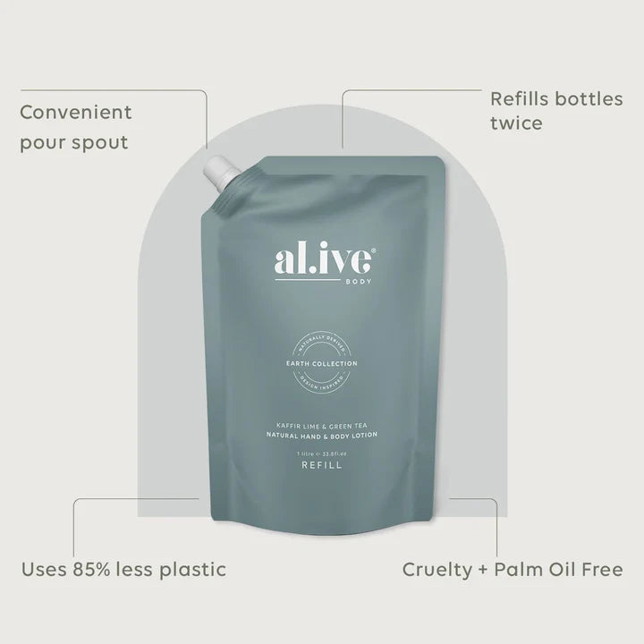 Alive Body Hand & Body Lotion Refill Pouch - Kaffir Lime & Green Tea 1L