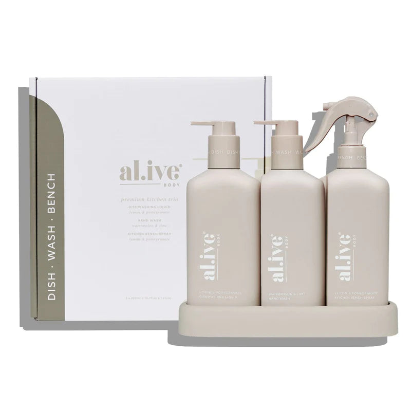 Alive Body Dishwashing Liquid, Hand Wash & Bench Spray + Tray Premium Kitchen Trio